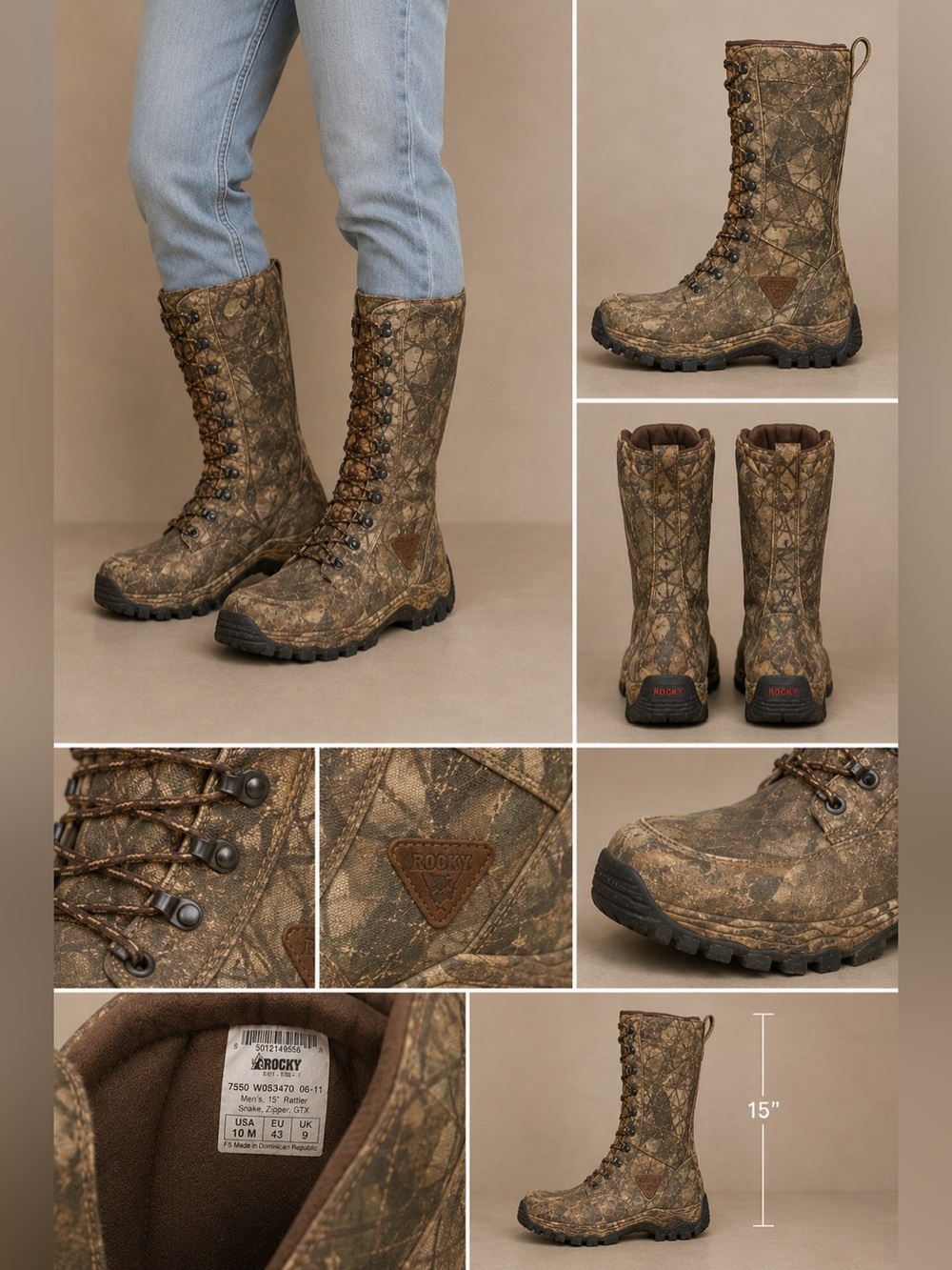 Rocky Outdoor Forest Camo Hunting Lace Up Goretex Boots Green Tan Size 10 MENS